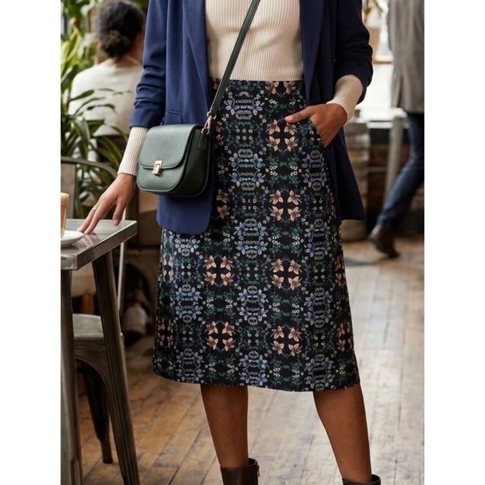 J.Crew Floral A-Line Midi Skirt‎ Black Blue Peach Stretch Cotton Pockets Size 4